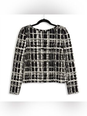Eva Longoria Black & White Grid-Print Long Sleeve Top